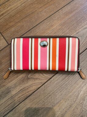 Coach Zip-Around Wallet in Pink, White, Orange, and Tan